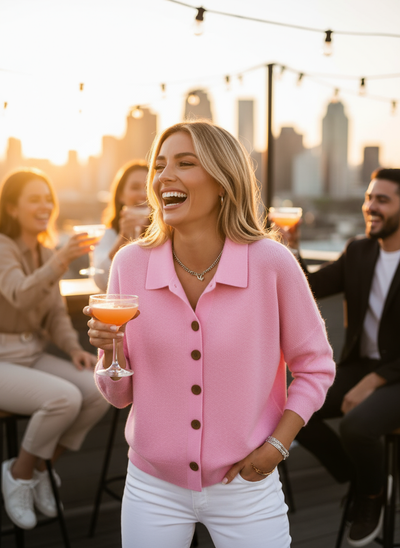 Pink button-down cardigan - blonde at rooftop bar
