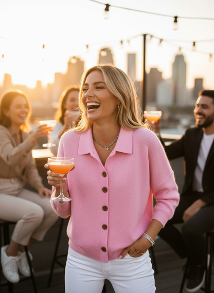 Pink button-down cardigan - blonde at rooftop bar