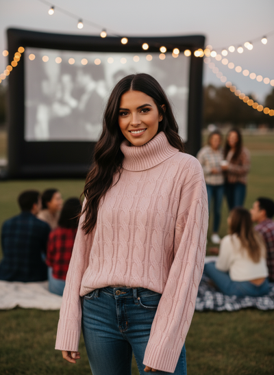 Pink Cable Knit Turtleneck Sweater Lifestyle 3