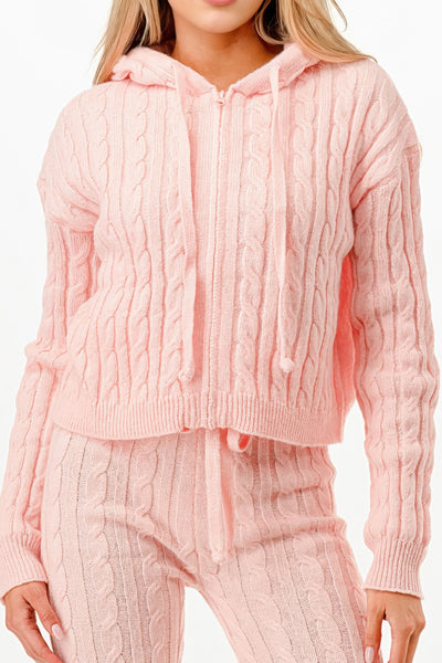 GLANCE APPAREL Pink Loungewear Set featuring a cozy cable knit hoodie and matching pants