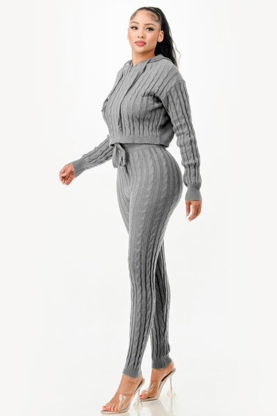 Gray knitted loungewear set from GLANCE APPAREL featuring a cropped hoodie and matching pants