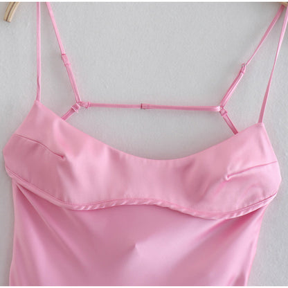 Trendsi pink satin slip dress with adjustable thin straps and smooth fabric close-up