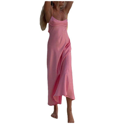 Trendsi Pink Satin Slip Dress with spaghetti straps and flowing midi length design