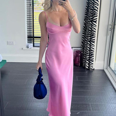 Trendsi pink satin slip dress with thin straps and a sleek, floor-length design