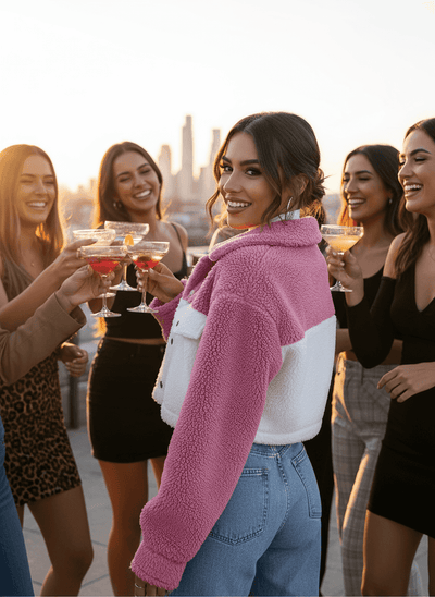 Two-Tone Plush Cropped Jacket - Cozy Button-Up Style - Fashions Envy