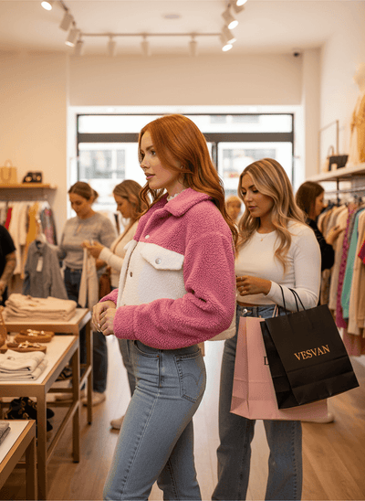 Two-Tone Plush Cropped Jacket - Cozy Button-Up Style - Fashions Envy