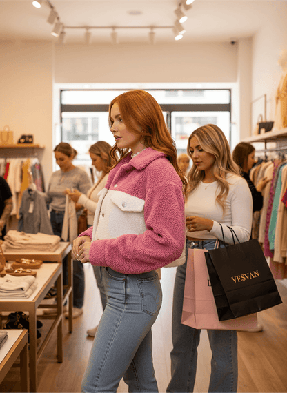 Two-Tone Plush Cropped Jacket - Cozy Button-Up Style - Fashions Envy