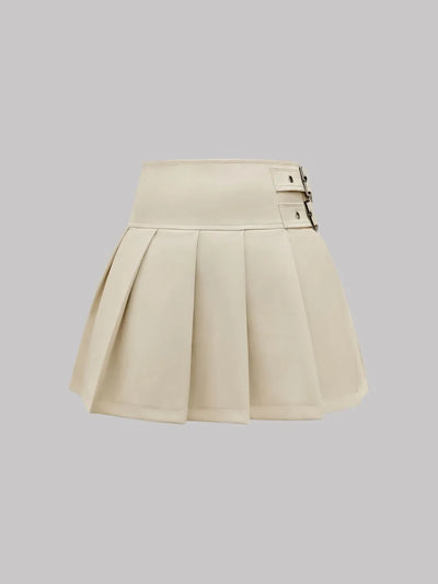 Trendsi Pleated Mini Skirt in Beige with Double Buckle Detail and Flared Design
