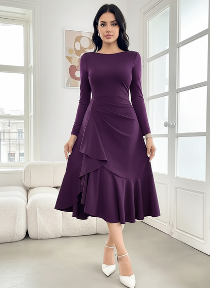 Plum purple ruffle dress - brunette elegant setting