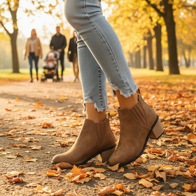 Point toe block heels boots brown waist down autumn park