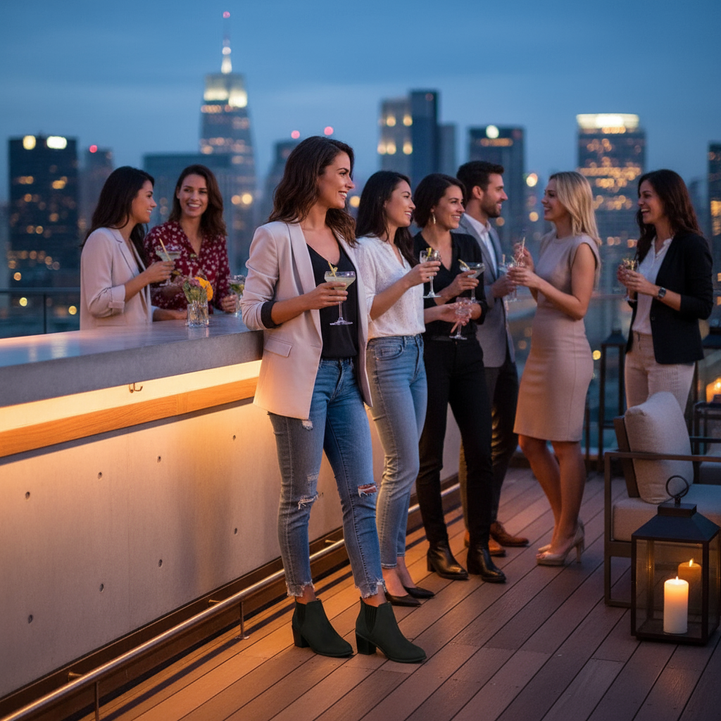 Point toe block heels boots rooftop lounge lifestyle
