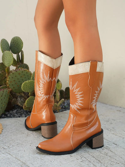 Trendsi Point Toe Low Block brown cowboy boots with white stitching and two-tone upper design