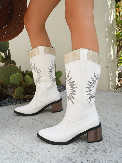 Trendsi white Point Toe Low Block mid-calf boots with star stitch design and wood heel