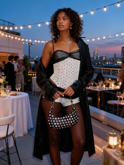 Polka dot mesh outfit rooftop party