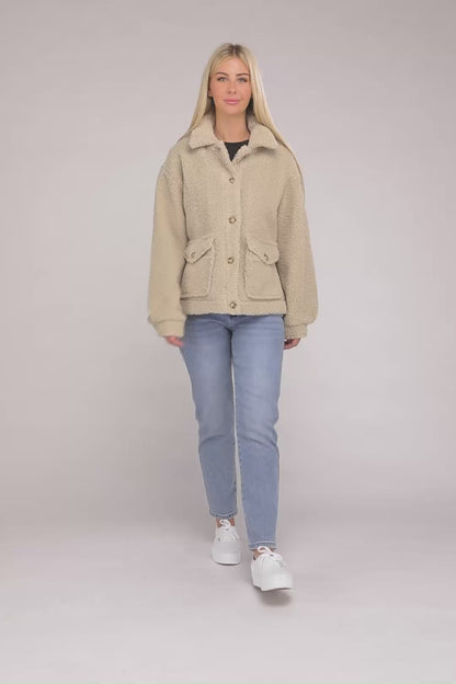 Cozy Sherpa Button-Front Long Sleeve Jacket