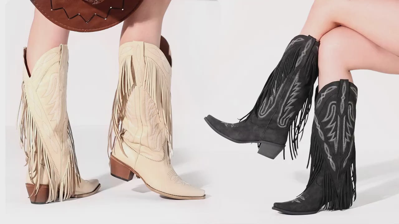 Fringe Tassel Chunky High Heels Wild Calf Slip On Cowgirl Western Boots