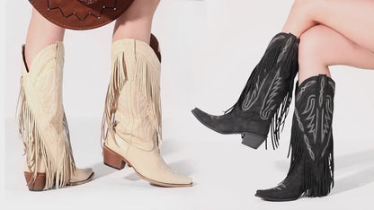 Fringe Tassel Chunky High Heels Wild Calf Slip On Cowgirl Western Boots