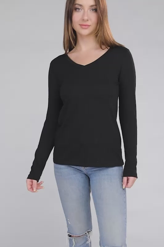 Cotton V-Neck Long Sleeve Casual T-Shirt