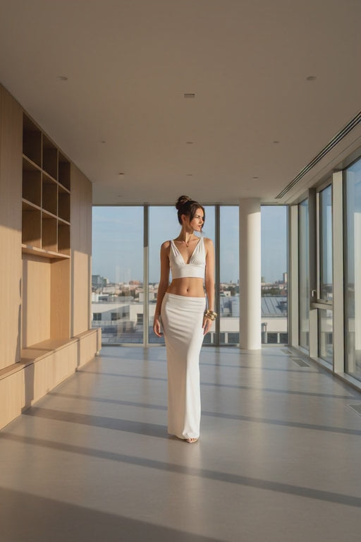 Load video: Halter Crop Top and Maxi Skirt Set - White Backless Outfit