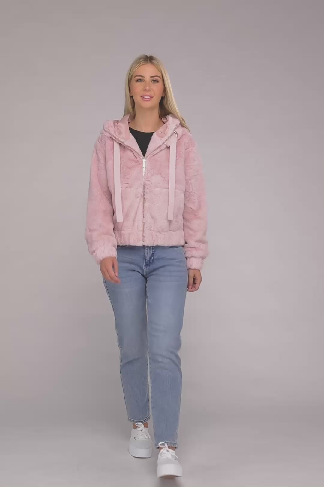 Fuzzy Trim Zip-Up Cropped Length Hoodie