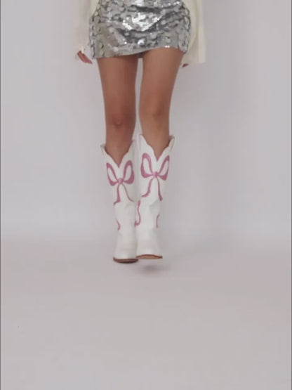 Knee High Chunky Heel White Cowgirl Boots with Pink Glitter Bow