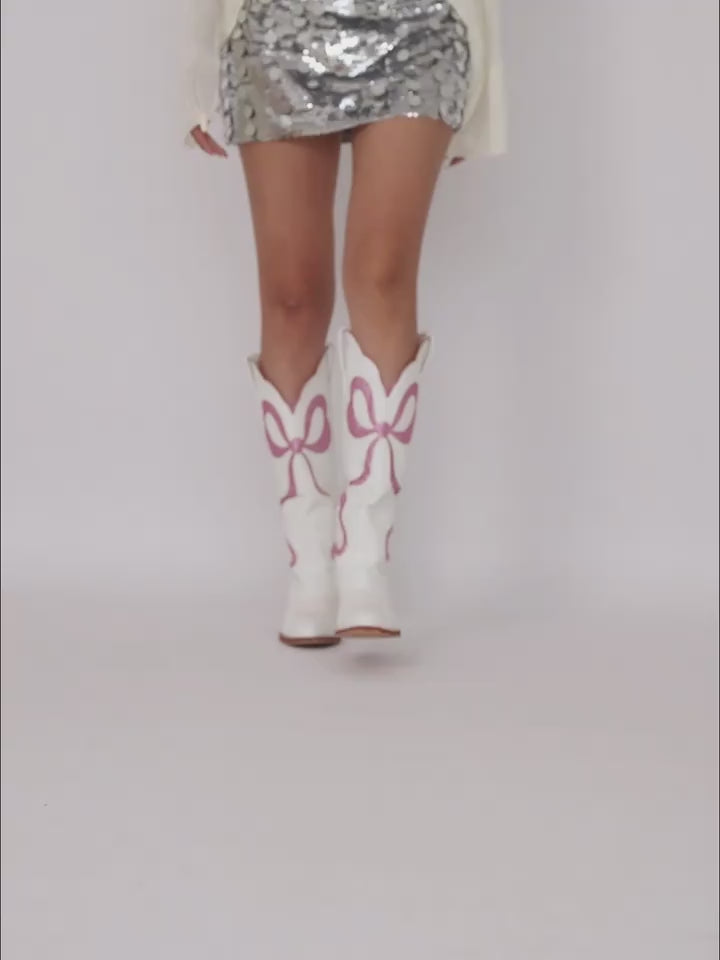 Knee High Chunky Heel White Cowgirl Boots with Pink Glitter Bow
