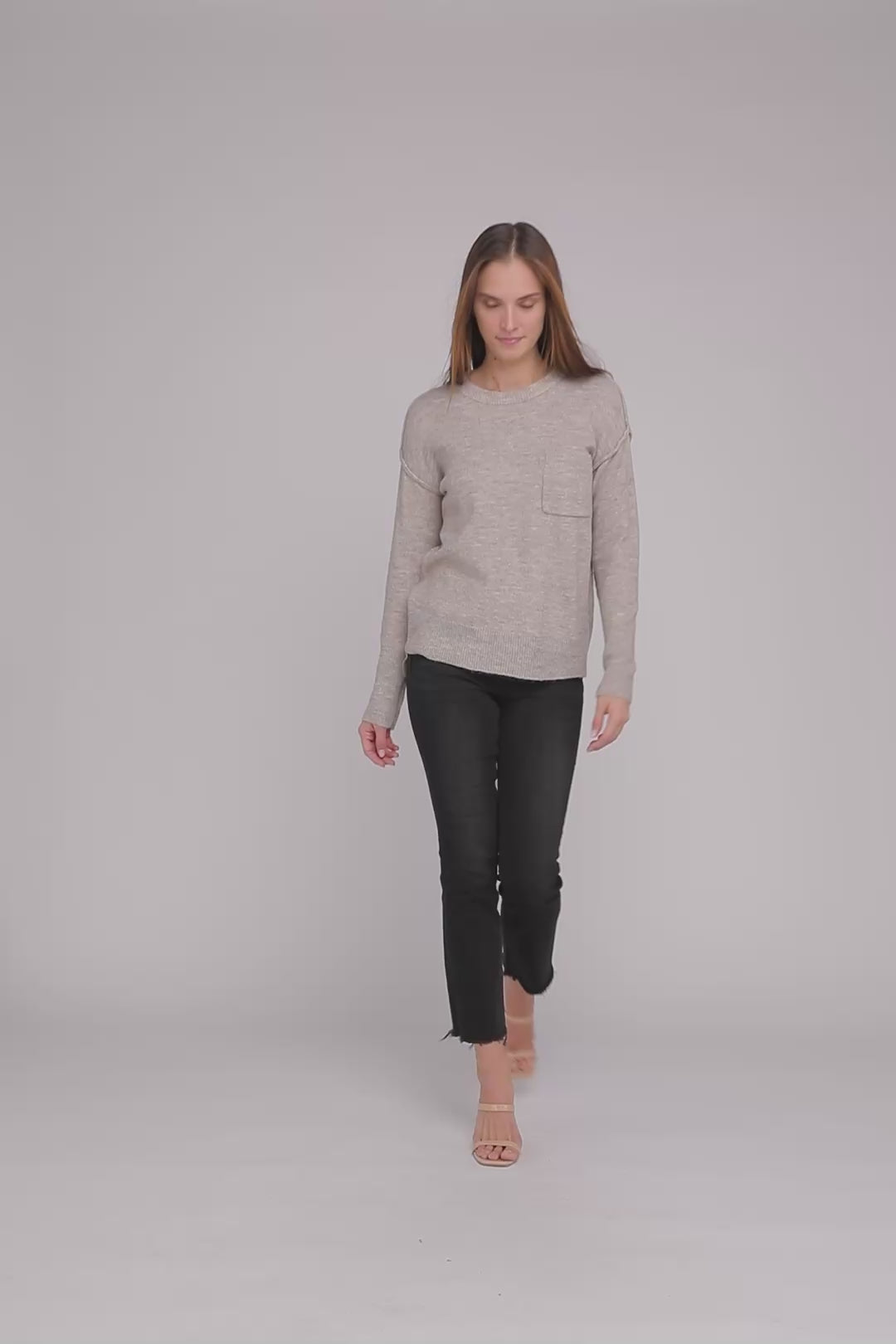 Melange Hi-Low Hem Round Neck Sweater