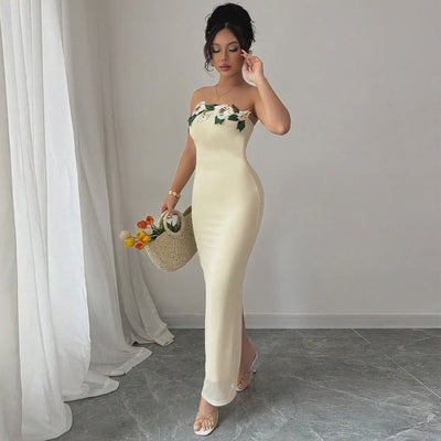 Strapless Backless Maxi Dress - 3D Floral Detail