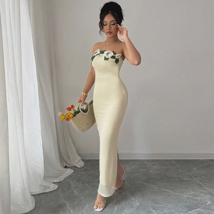 Strapless Backless Maxi Dress - 3D Floral Detail