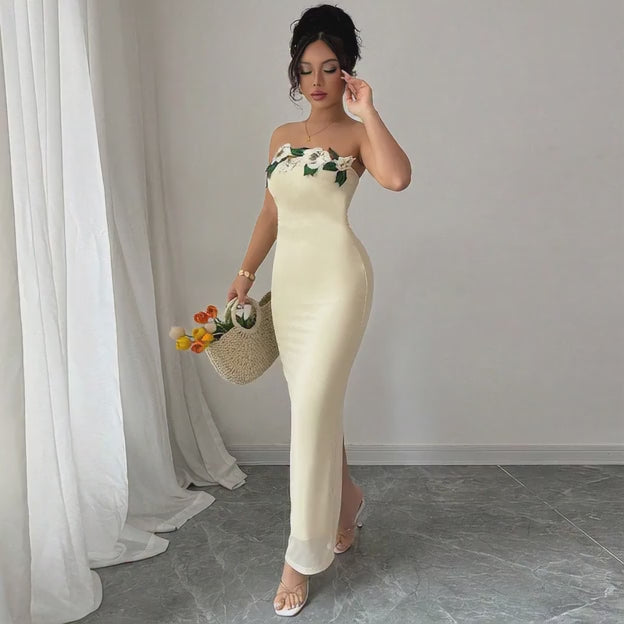 Load video: Strapless Backless Maxi Dress - 3D Floral Detail