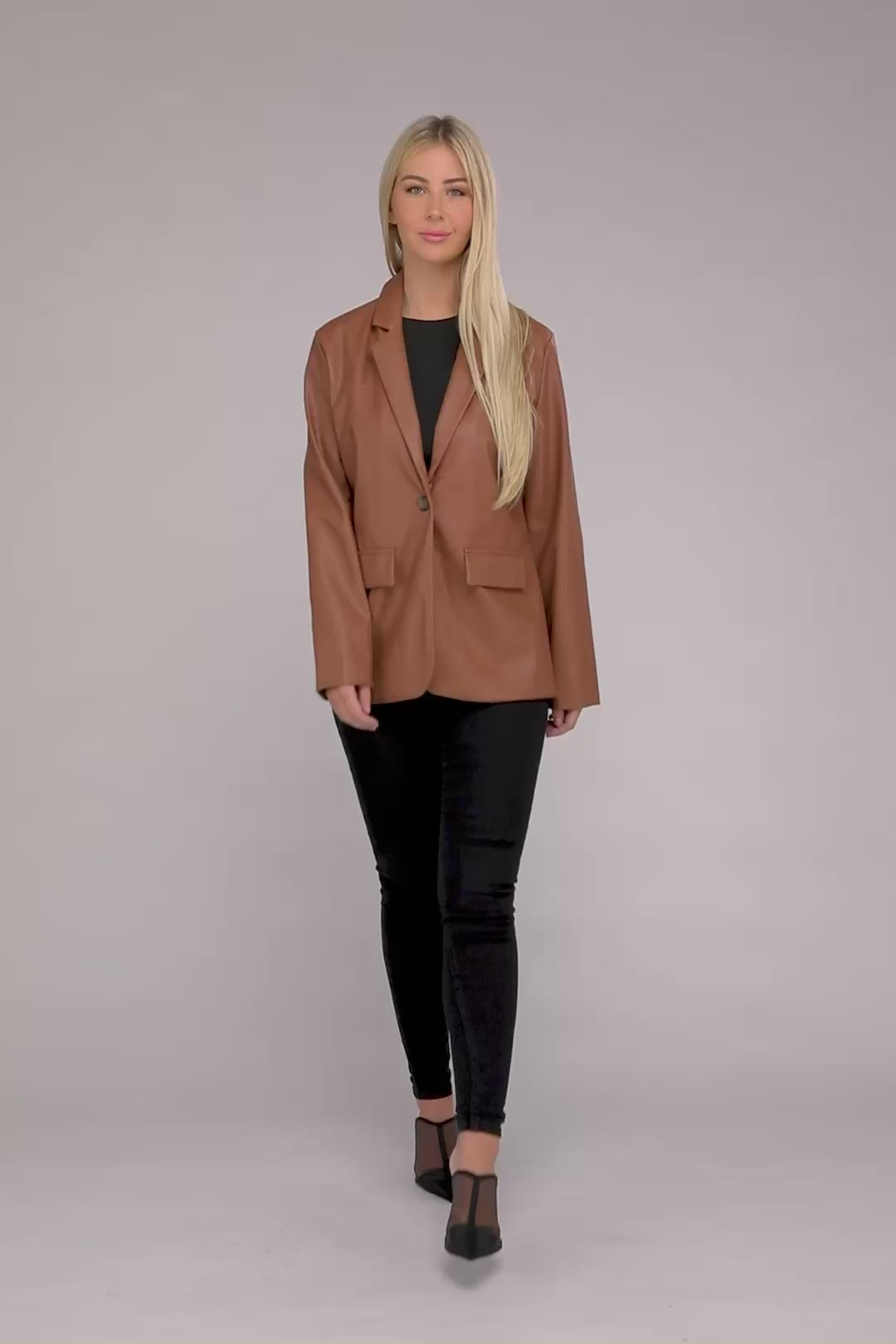 Sleek Pu Leather Blazer with Front Closure