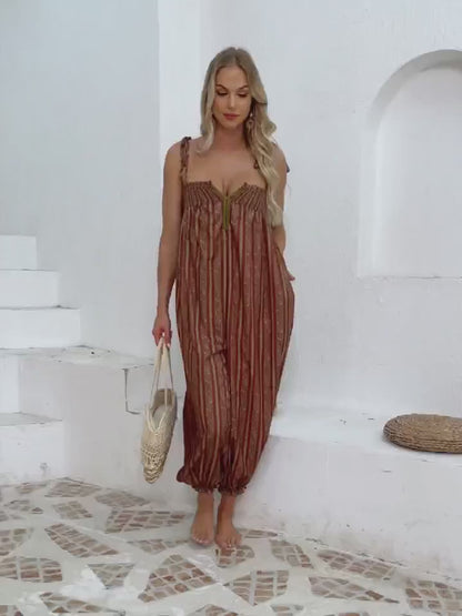 Sleeveless Flowy Vibrant Striped Jumpsuit with Lace Trim