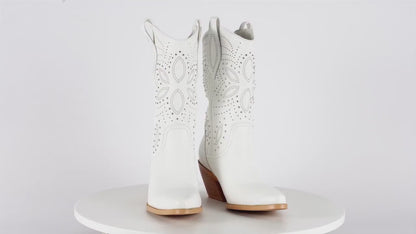 Slip-On Mid-Calf Western Cowgirl Boots with Embroidery & Studded Rivets