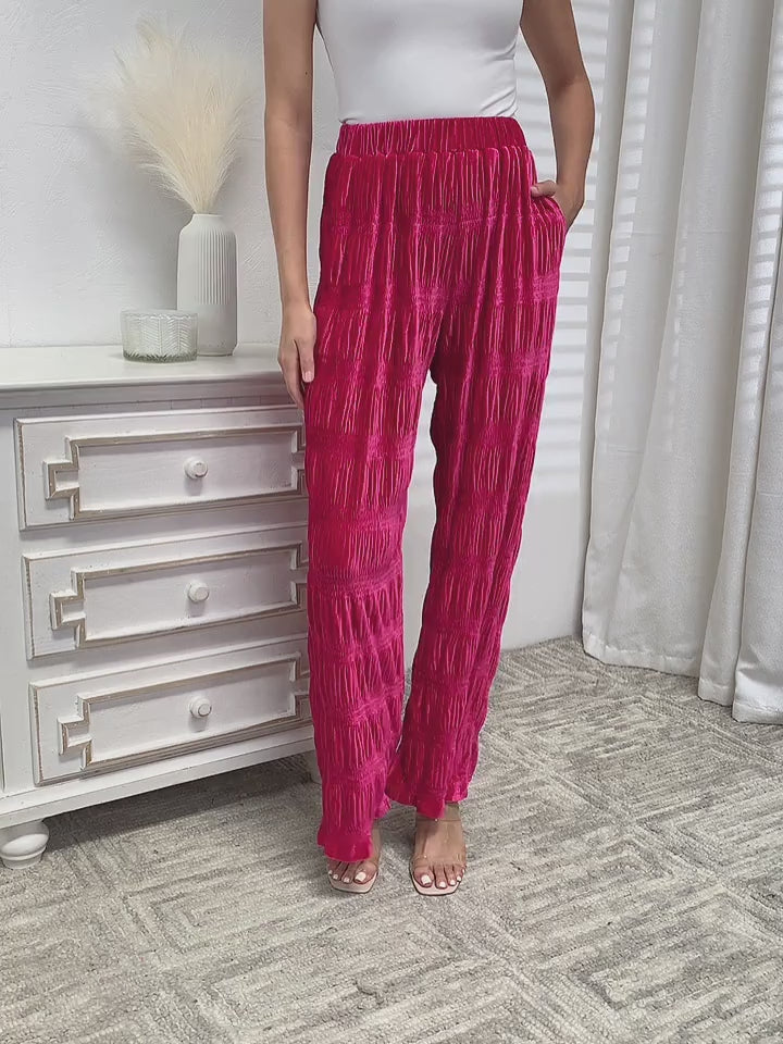 Double Take Full Size High Waist Tiered Shirring Velvet Wide Leg Pants