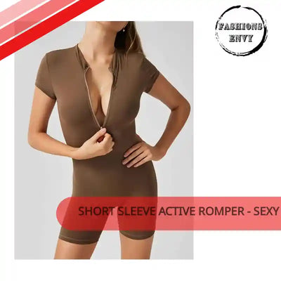 Short Sleeve Active Romper - Sexy Half Zip by@Outfy
