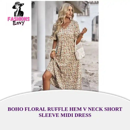 Boho Floral Ruffle Hem V Neck Short Sleeve Midi Dress by@Outfy