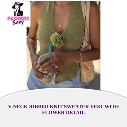 V-Neck Ribbed Knit Sweater Vest with Flower Detail by@Outfy