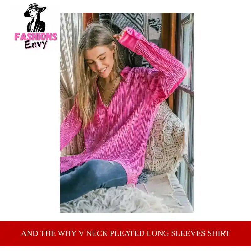 And The Why V Neck Pleated Long Sleeves Shirt by@Outfy