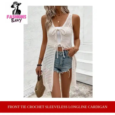 Front Tie Crochet Sleeveless Longline Cardigan by@Outfy