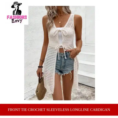 Front Tie Crochet Sleeveless Longline Cardigan by@Outfy