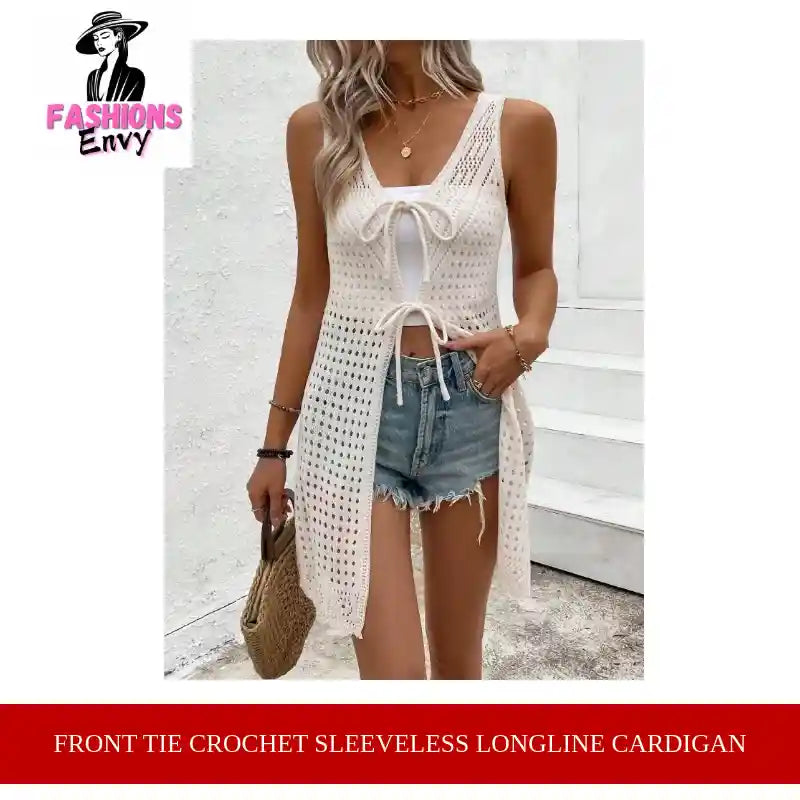 Front Tie Crochet Sleeveless Longline Cardigan by@Outfy