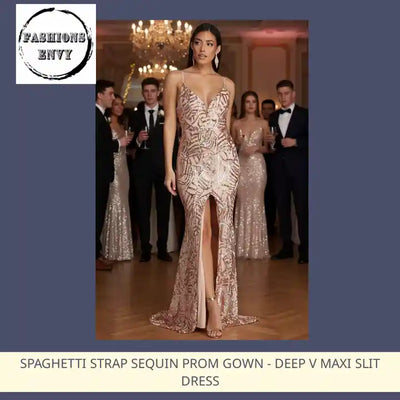 Spaghetti Strap Sequin Prom Gown - Deep V Maxi Slit Dress by@Outfy