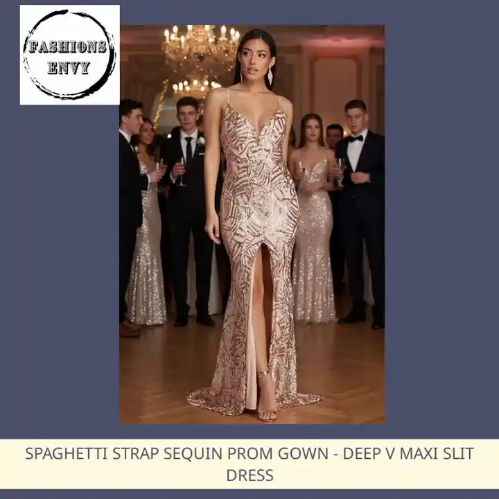 Spaghetti Strap Sequin Prom Gown - Deep V Maxi Slit Dress by@Outfy