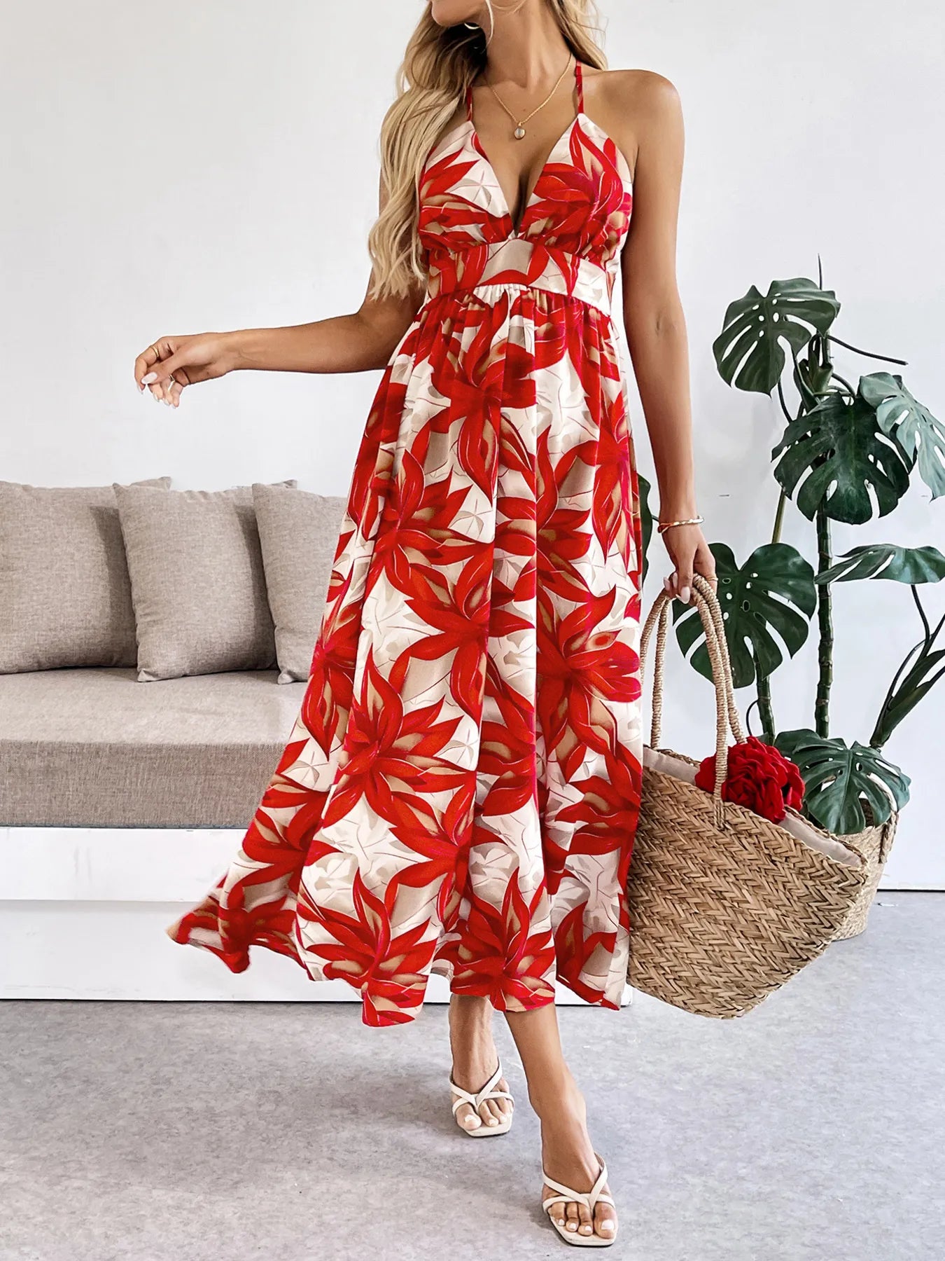 Trendsi Printed Midi Dress with Floral Pattern and Halter Neck Design for Summer Style
