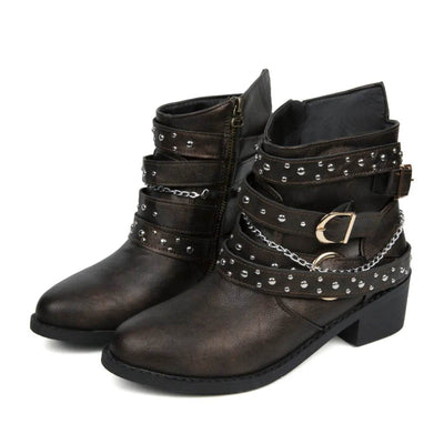 Round Toe Block Heel Boots - Mid Heel PU Leather Boots - Fashions Envy