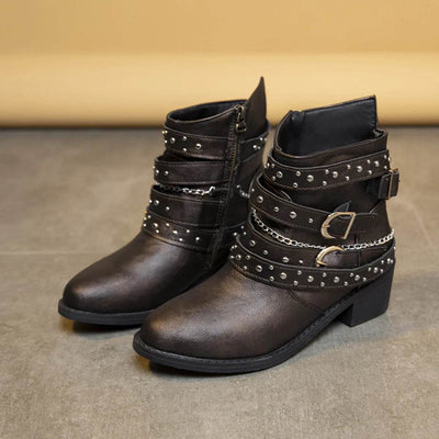 Round Toe Block Heel Boots - Mid Heel PU Leather Boots - Fashions Envy