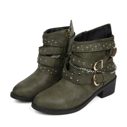 Round Toe Block Heel Boots - Mid Heel PU Leather Boots - Fashions Envy