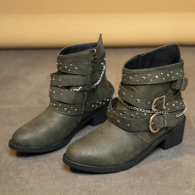 Round Toe Block Heel Boots - Mid Heel PU Leather Boots - Fashions Envy