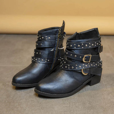 Round Toe Block Heel Boots - Mid Heel PU Leather Boots - Fashions Envy