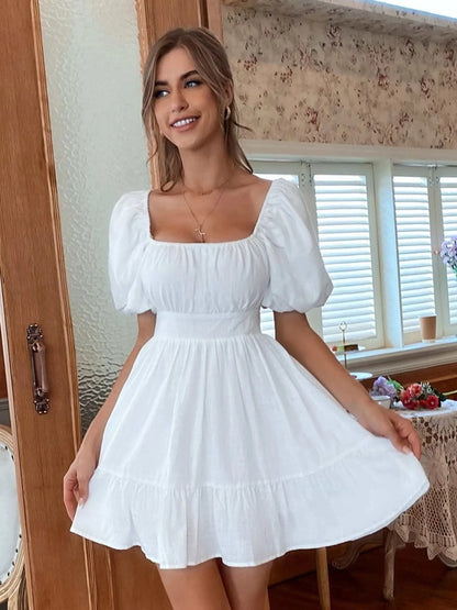 Trendsi Puff Sleeve Mini Dress in White with a Square Neckline and Flared Skirt